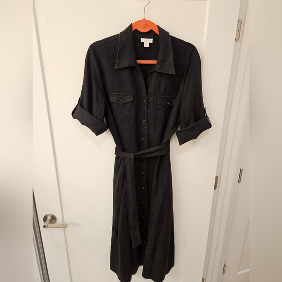 NWOT - Linen - Charter Club - Black Midi Shirt Dress  - Size 16 - Picture 1 of 11